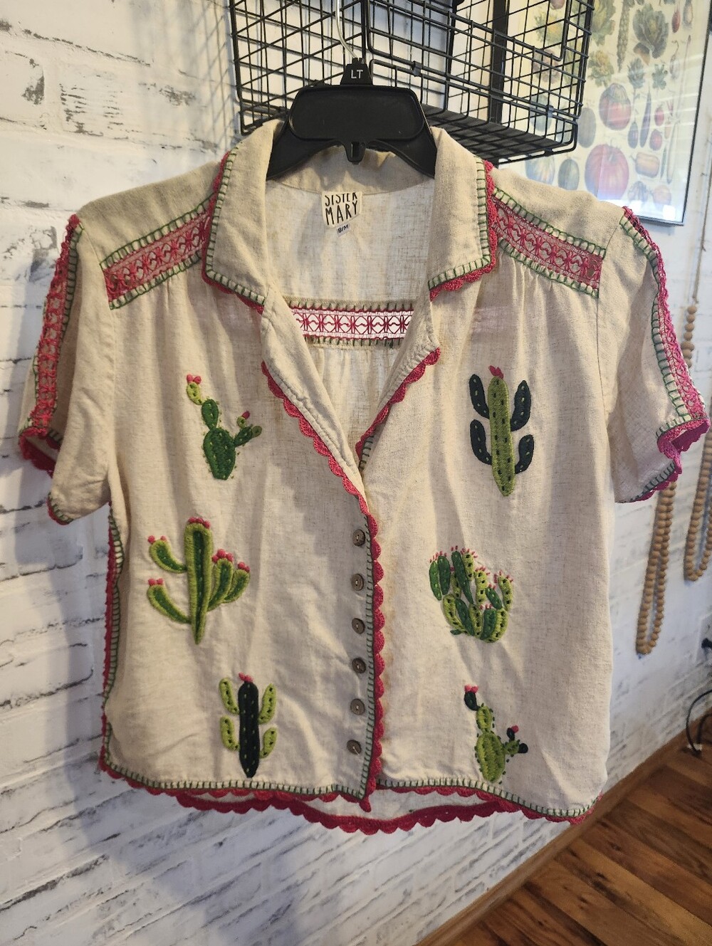 Sister Mary Linen Embroidered Cactus Button Down - Picture 2 of 5